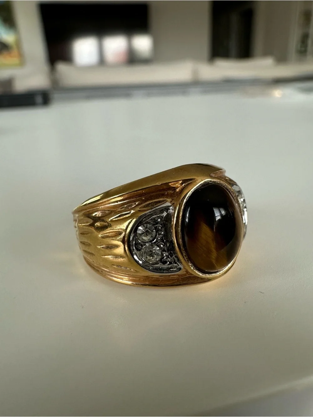 Gold Tone Ring with Brown Tiger's Eye Center and Clear Accent Stones